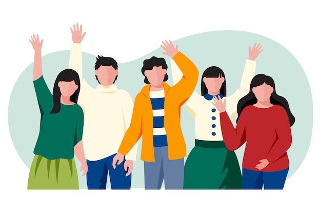 Group of young people waving hand Free Vector