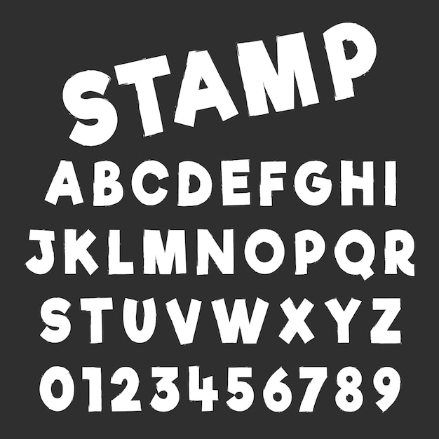 グランジアルファベットフォントテンプレート 素朴なデザインの文字と数字 ベクトルイラスト プレミアムベクター