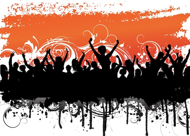 Grunge background with a silhouette of an\
excited audience