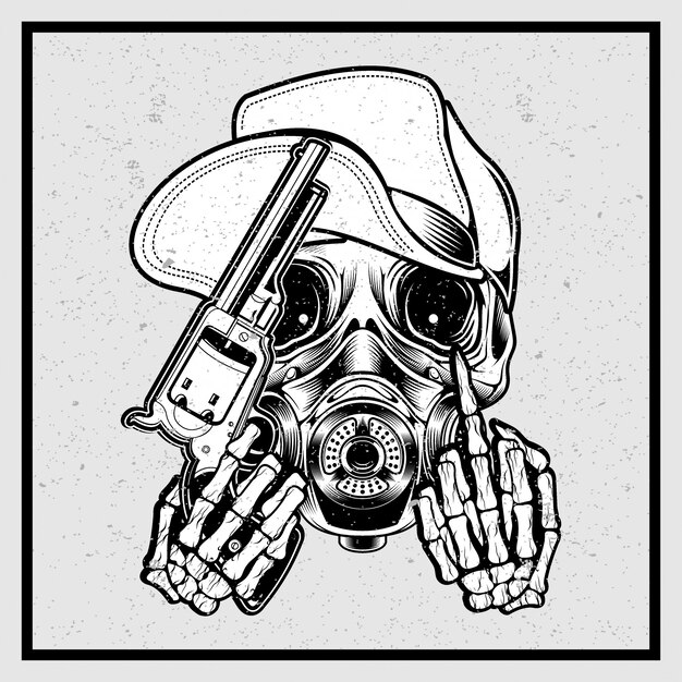 Grunge style skull wearing a hat holding a gun and finger Vector ...