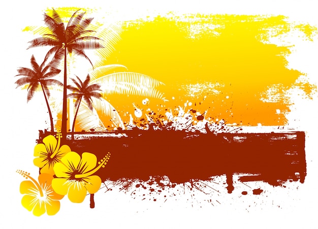 Grunge summer background with hibiscus flowers and palm trees Free Vector