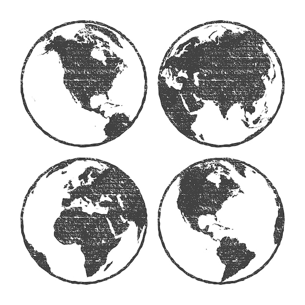 グランジテクスチャグレー世界地図グローブセット透明 プレミアムベクター