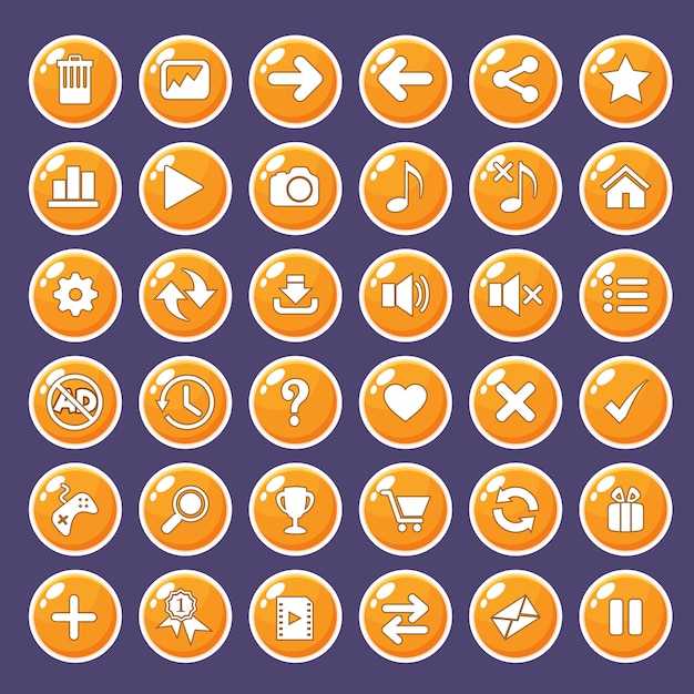 Gui buttons icons set for game interfaces color orange. Premium Vector