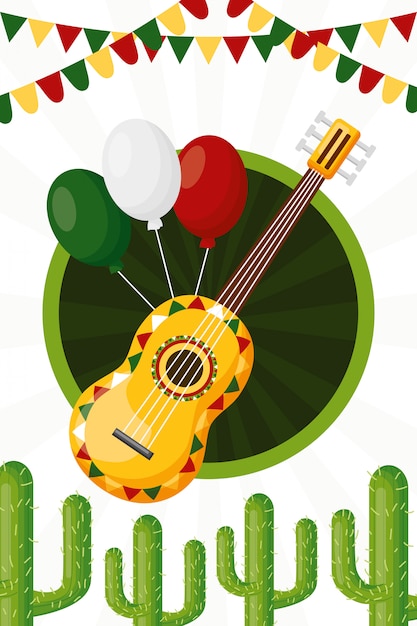 ギターとメキシコ文化の風船 イラスト 無料のベクター