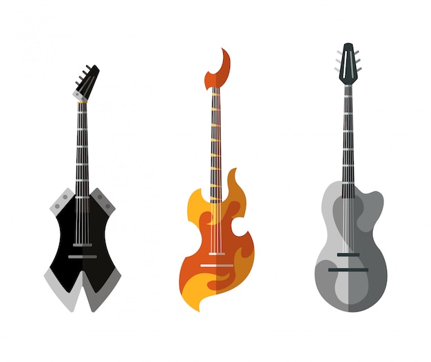 ギターコレクション 形状の異なるアコースティックギターとエレクトリックギター 孤立したスタイリッシュなアート 白い背景の上の色のアイコン 異なる色 のロックギターのセット プレミアムベクター