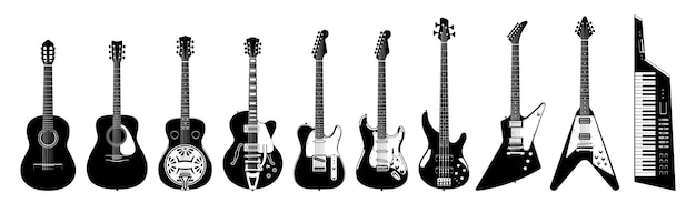 ギターセット 白い背景の上のアコースティック エレクトリックギター モノクロイラスト 楽器 コレクション プレミアムベクター
