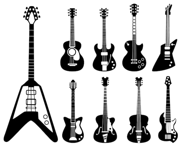 ギターのシルエット 楽器ブラックシンボルアコースティックとロックギターセット ロックとアコースティックギターのイラストのための電気シルエット楽器 プレミアムベクター