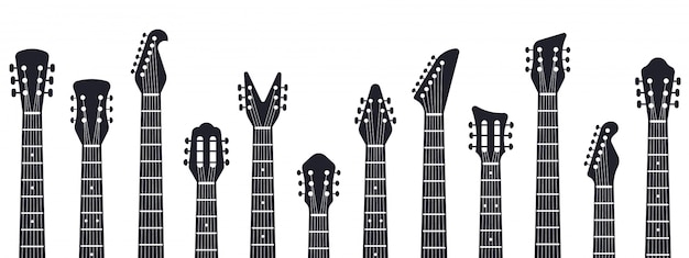 ギターのヘッドストック ロックミュージックギターの首のシルエット エレクトリックとアコースティックミュージックギターのイラスト アコースティックエンターテインメント 楽器ギター 楽器 プレミアムベクター