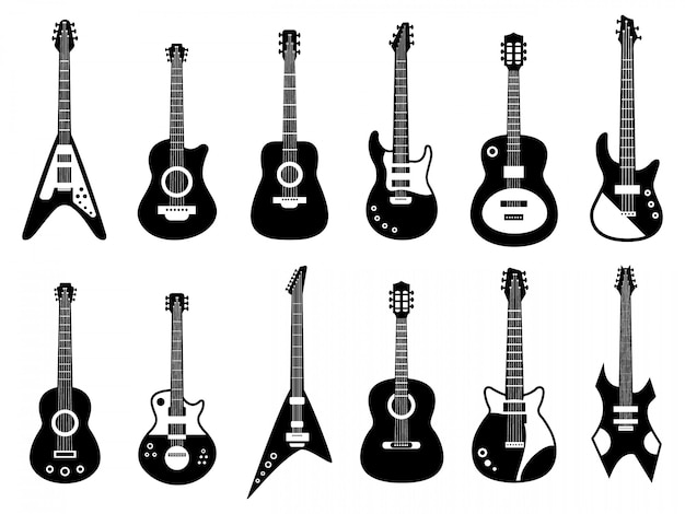 プレミアムベクター ギターのシルエット 黒の電気およびアコースティック楽器 ロックジャズギターのシルエット 音楽バンドギターイラスト アイコンセット ギターネック ウクレレシルエット ジャズアコースティック