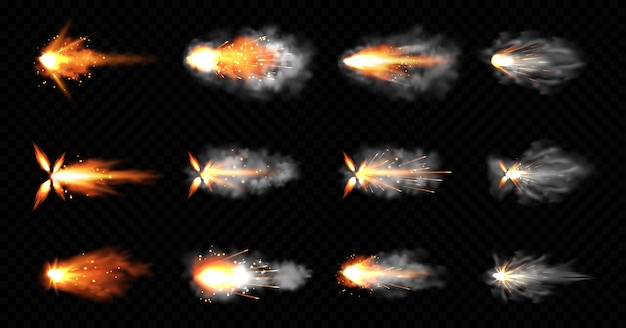 銃は煙と火の輝きで点滅します ピストルショット雲 銃口ショットガン爆発 爆風の動き 黒い背景に分離された武器の弾丸の軌跡 リアルな3dイラスト アイコンセット 無料のベクター