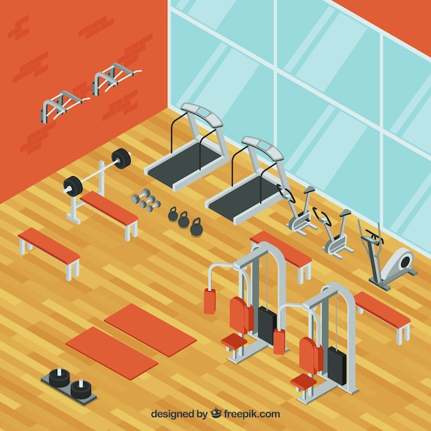 Gym background with exercise machines in\
isometric style