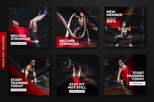 Gym & fitness instagram post template collection. Premium Vector