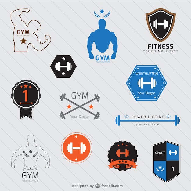 Download Free Gym Logos Set Free Vector Use our free logo maker to create a logo and build your brand. Put your logo on business cards, promotional products, or your website for brand visibility.