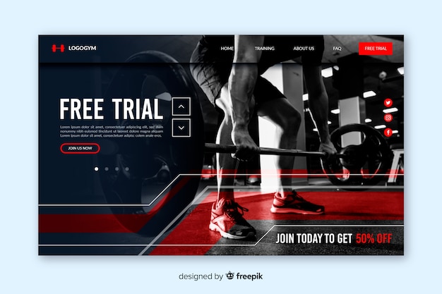 Gym promotion landing page with photo Free Vector