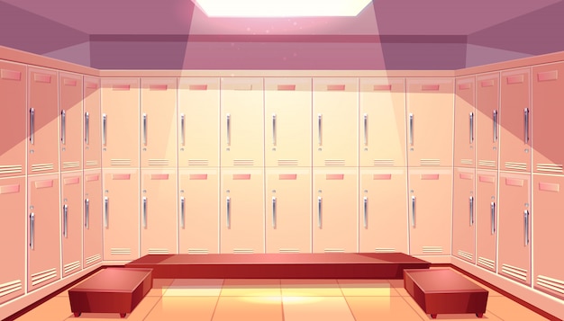 Gym Or Sport Club Locker Room Interior Cartoon With Two Rows Of