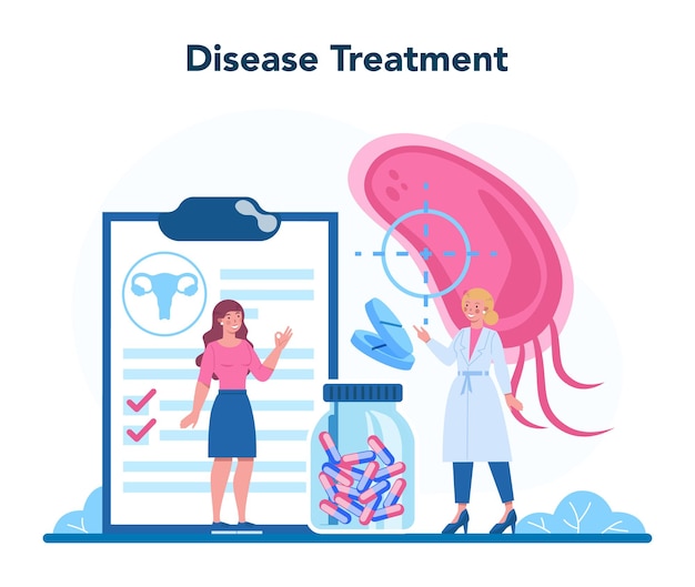 産婦人科医 生殖学者および女性の健康の概念 人体解剖学 卵巣および子宮 病気の治療 漫画スタイルの孤立したイラスト プレミアムベクター