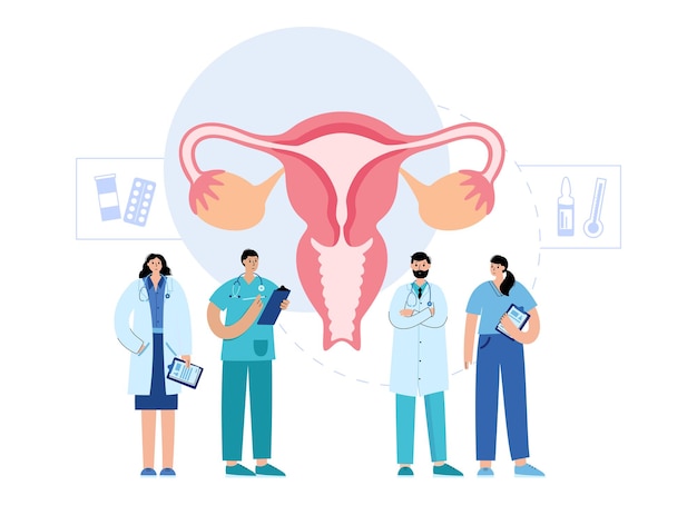 Premium Vector | Gynecology concept uterus and doctors with medicine