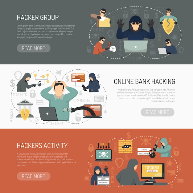 Hacker horizontal banner set Free Vector
