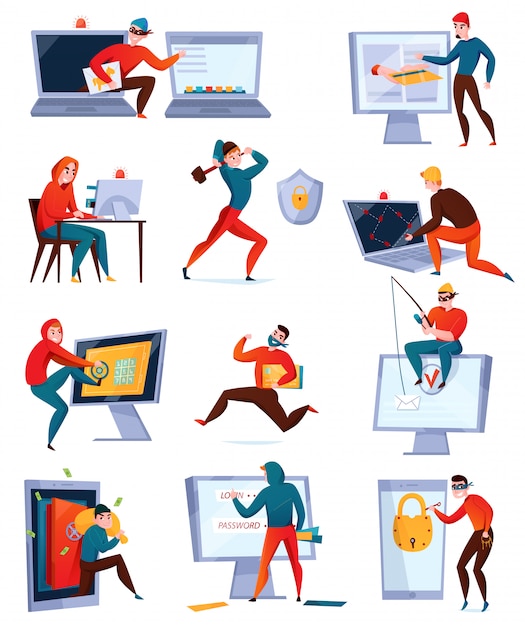 Hacker icon set with different types of hackers stealing information breaking computer system Free Vector