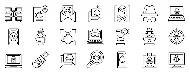 Hacker icons set, outline style Premium Vector