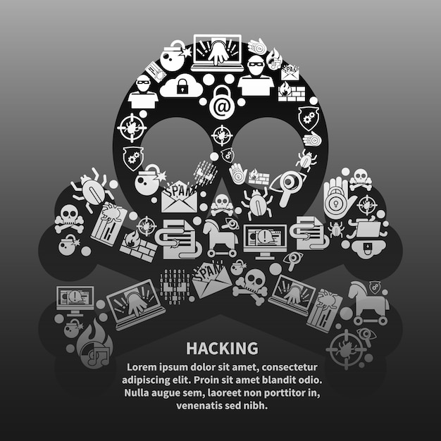 Hacker skull with text template Free Vector