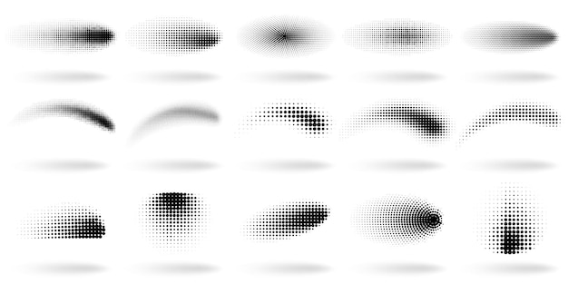 ハーフトーンの点線の形状 抽象的なドットグラデーション波効果形状 ハーフトーングラデーションスプレーテクスチャイラスト セット グラデーション要素をドットします 白で隔離のポップアートの斑点のある人物 プレミアムベクター
