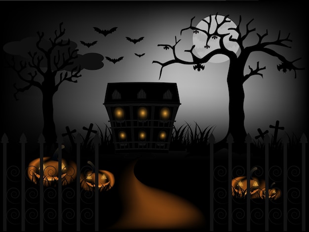 ハロウィンと黒の闇の城月の背景 イラスト プレミアムベクター