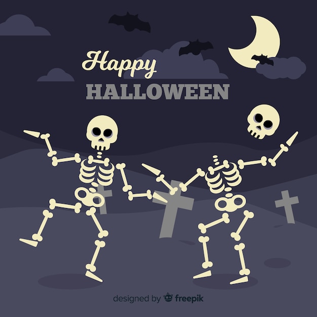 Halloween background in flat design with dancing skeletons Free Vector