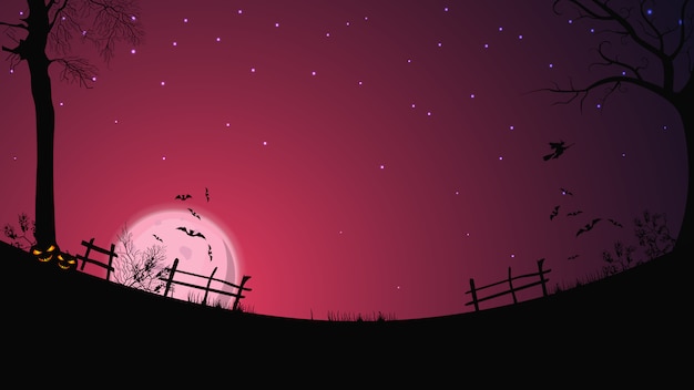 ハロウィーンの背景 ピンクの満月 星空 フェンス 草 木 コウモリ ほうきの魔女とクリアフィールド プレミアムベクター