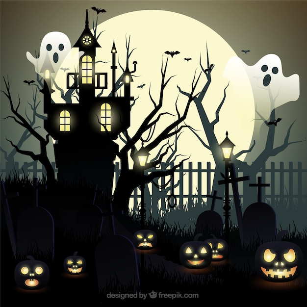 Free Vector | Halloween background with ghosts and haunted house