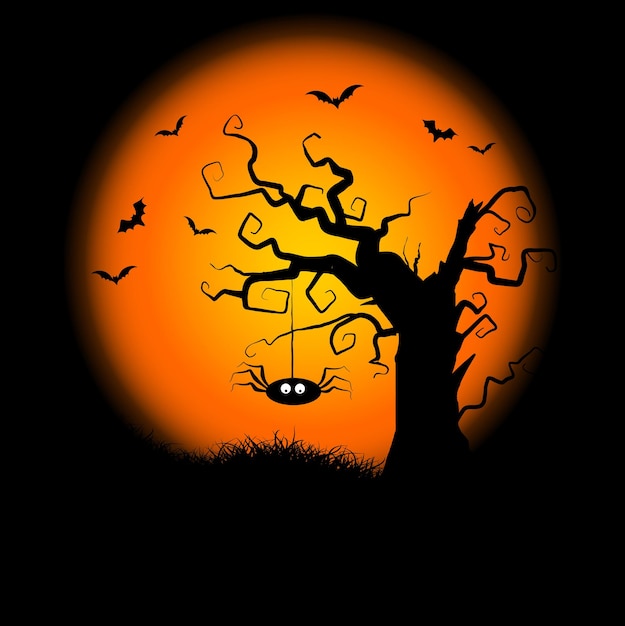 Free Vector | Halloween background with a hanging spider and spooky tree