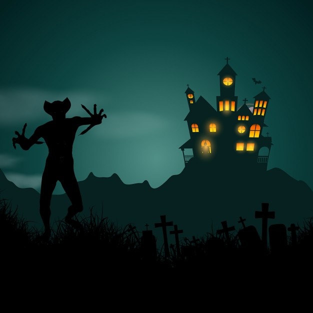Halloween background with haunted house and\
strange figure