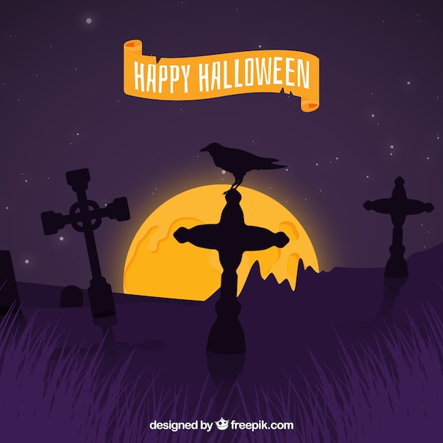 Halloween background with raven and
tombstones