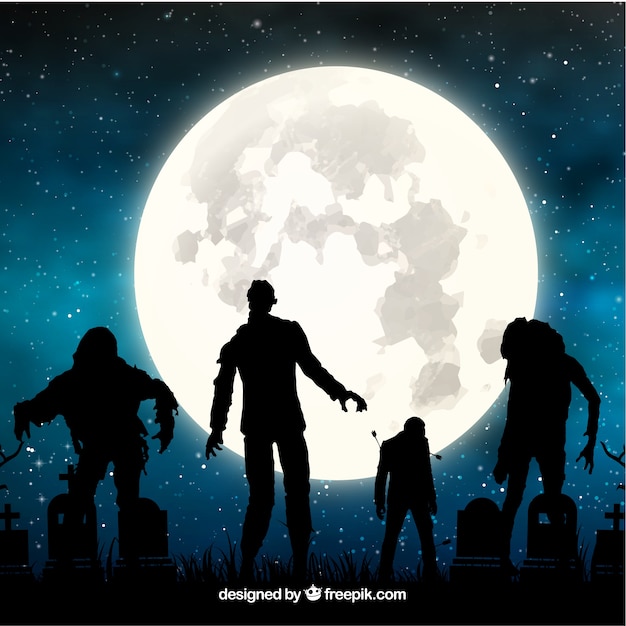 Halloween background with zombies and full\
moon