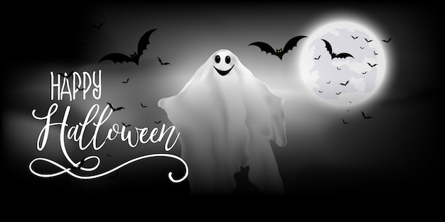 Download Free Vector | Halloween banner with ghost and bats design