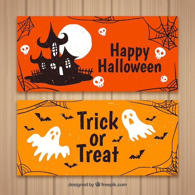 Download Free Vector | Halloween banners with house and ghosts