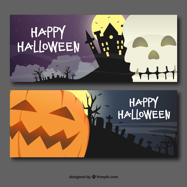 Free Vector | Halloween banners with skull and pumpkin