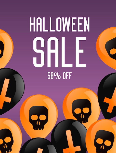 Halloween booklet banner. purple background with balloons, with crosses and skulls. Free Vector