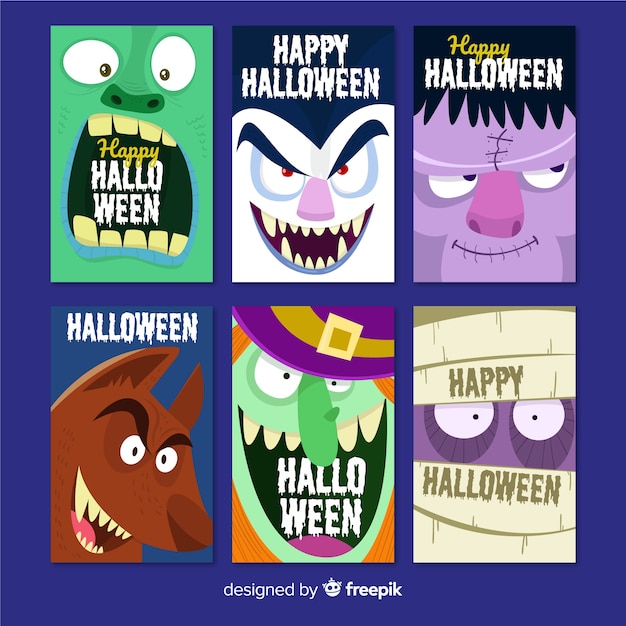 Halloween card collection with funny monsters | Free Vector