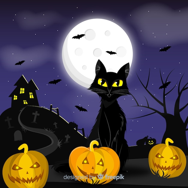 Free Vector Halloween Cat Background In Flat Design