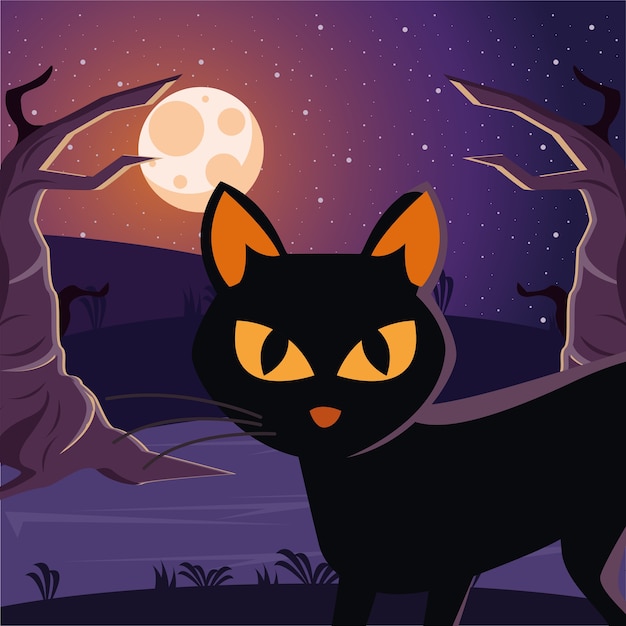 夜のシーンで満月と黒のハロウィーンの猫 プレミアムベクター