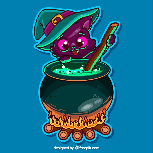 Halloween cat cooking a magic potion