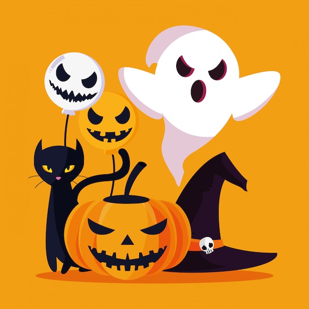 Premium Vector | Halloween cat ghost and pumpkin