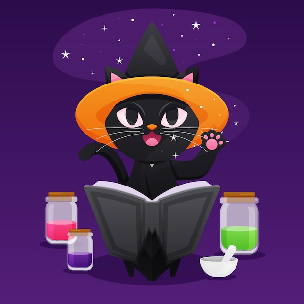 魔法のハロウィン猫イラスト プレミアムベクター