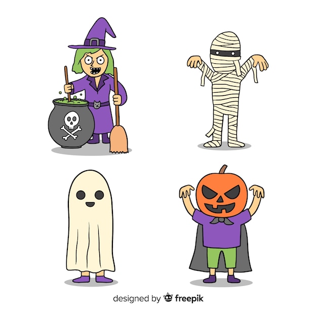 Halloween character costumes hand drawn Vector Free Download