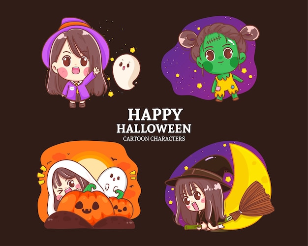 ハロウィンキャラクターかわいいコレクション漫画セットイラスト プレミアムベクター