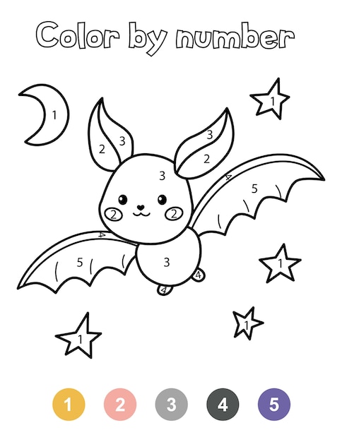 Premium Vector Halloween Coloring Book Cute Cartoon Bat And Night Sky Color By Numbers 