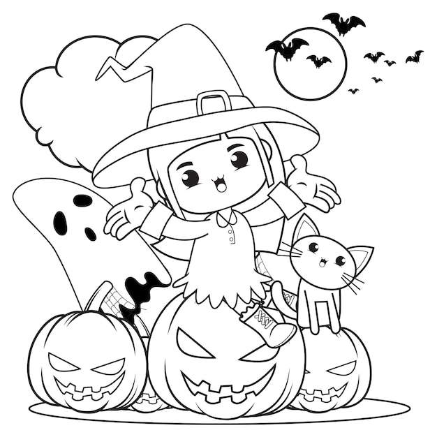 Premium Vector | Halloween coloring book cute little girl witch18