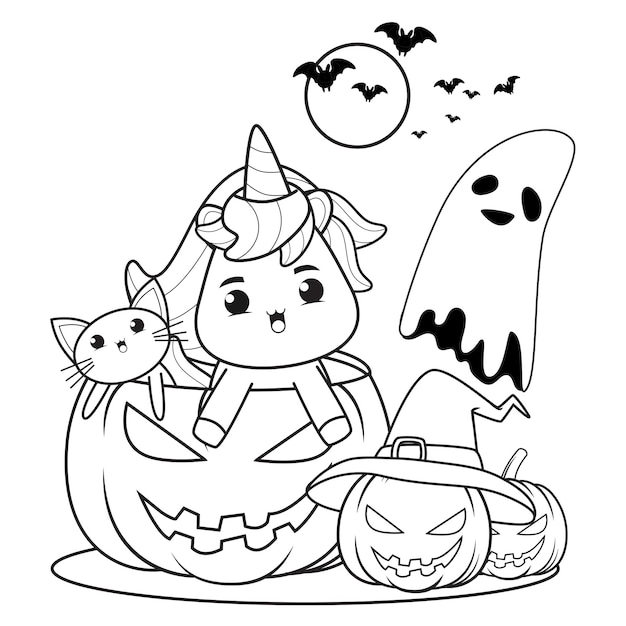 Premium Vector | Halloween coloring book with cute unicorn22