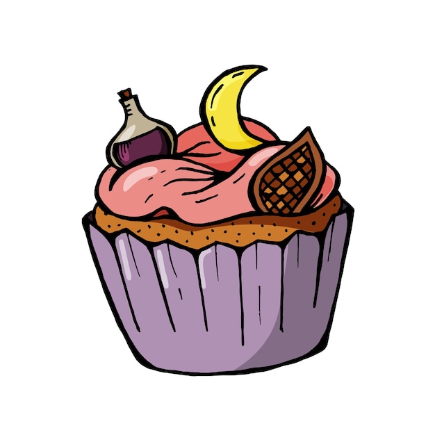 月と紫のポーションとハロウィーンのカップケーキ パーティーの招待状にぴったりのかわいい怖いデザート プレミアムベクター